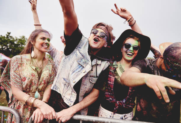 group of friends dancing in front of stage - costume stage costume sunlight carnival imagens e fotografias de stock