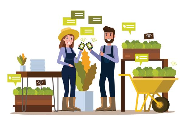 Modern farmer using smartphone  in greenhouse. Smart agriculture farming and internet of thing concept. flat design elements. vector illustration flat country stock illustrations