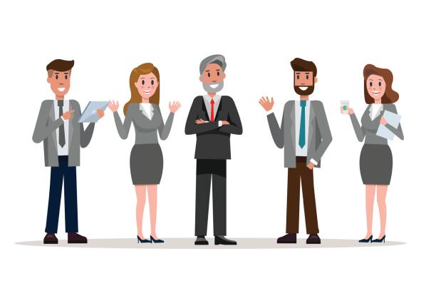 ilustrações de stock, clip art, desenhos animados e ícones de confident business team standing enjoy talking in the office. - manager portrait leadership men