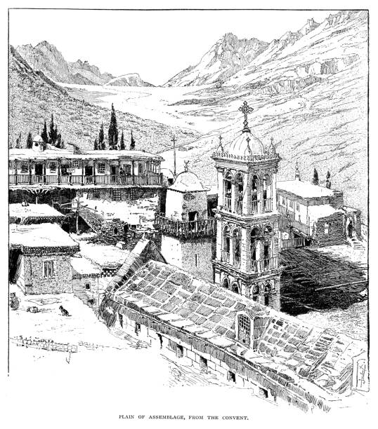 Plain of Assemblage, from the convent Plain of Assemblage, from the convent - Scanned 1888 Engraving cloister stock illustrations