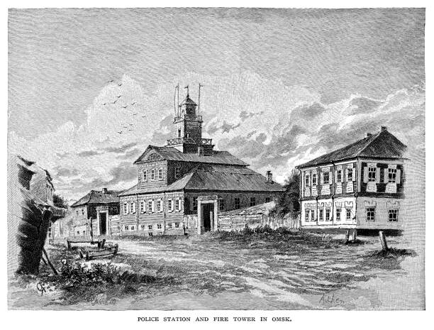 Police station and fire tower in Omsk Police station and fire tower in Omsk - Scanned 1888 Engraving police station canada stock illustrations