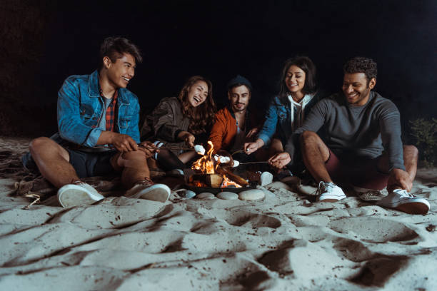 istock young smiling multiethnic friends roasting marshmallows on bonfire at sandy beach 805227346