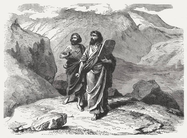 Moses and Joshua come back from Mount Sinai (Exodus 32) Moses and Joshua come back from Mount Sinai with the tablets of the tablets of the Law(Exodus 32). Wood engraving, published in 1886. mt sinai stock illustrations