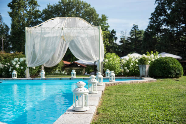istock Wedding location - swimming pool gazebo 805306582