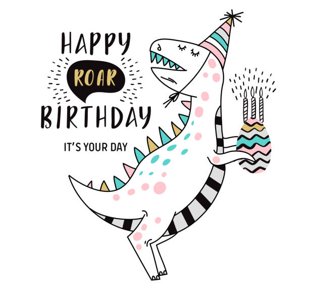 Birthday card with dinosaur Birthday greeting card with dinosaur. EPS 10 dinosaur birthday stock illustrations