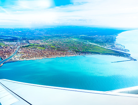 Aerrial view of Fiumicino bay, Italy with Mediterranean sea.