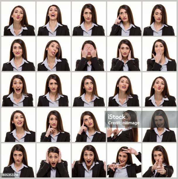 Young Businesswoman Making Facial Expressions Stock Photo - Download Image Now - Facial Expression, Multiple Image, Variation