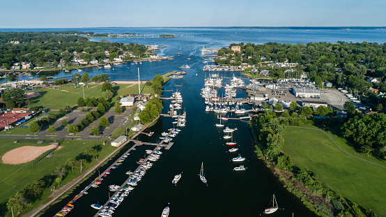 The aerial shoot of the Marina in Mamaroneck, Westchester County, New York State, USA. The sunny summer evening