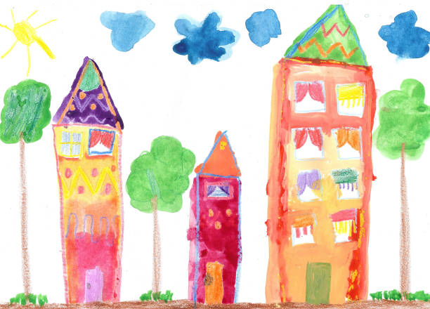 ilustraciones, imágenes clip art, dibujos animados e iconos de stock de dibujo del niño. árboles y casa de campo - paintings child house childhood