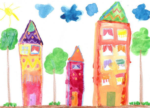 ilustrações de stock, clip art, desenhos animados e ícones de child's drawing. country house and trees - kid painting