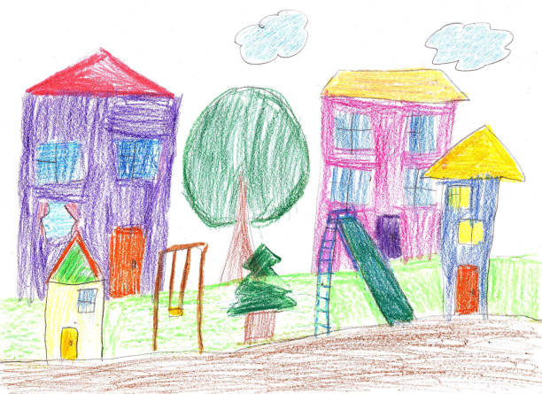 illustrations, cliparts, dessins animés et icônes de dessin de l’enfant. maison, arbres et banc - childs drawing child preschool crayon