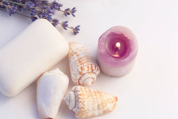 Background for SPA procedures with lavender flowers, cockleshells, soap and a burning candle pink and lilac tones