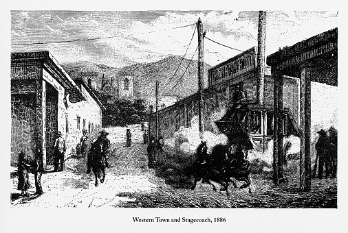 Beautifully Illustrated Antique Engraved Victorian Illustration of Early American Western Town and Stagecoach Engraving, 1886. Source: Original edition from my own archives. Copyright has expired on this artwork. Digitally restored.