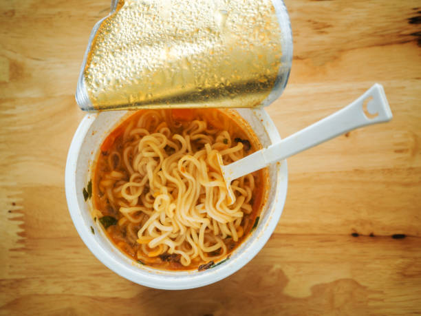 Top view of cup of instant noodle ready to eat stock photo