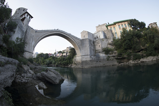 Old town of Mostar, Bosnia and Herzegovina, with Stari Most bridge, Neretva river and old mosques