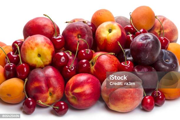 Heap Ripe Fruit On White Stock Photo - Download Image Now - Peach, Cherry, Plum