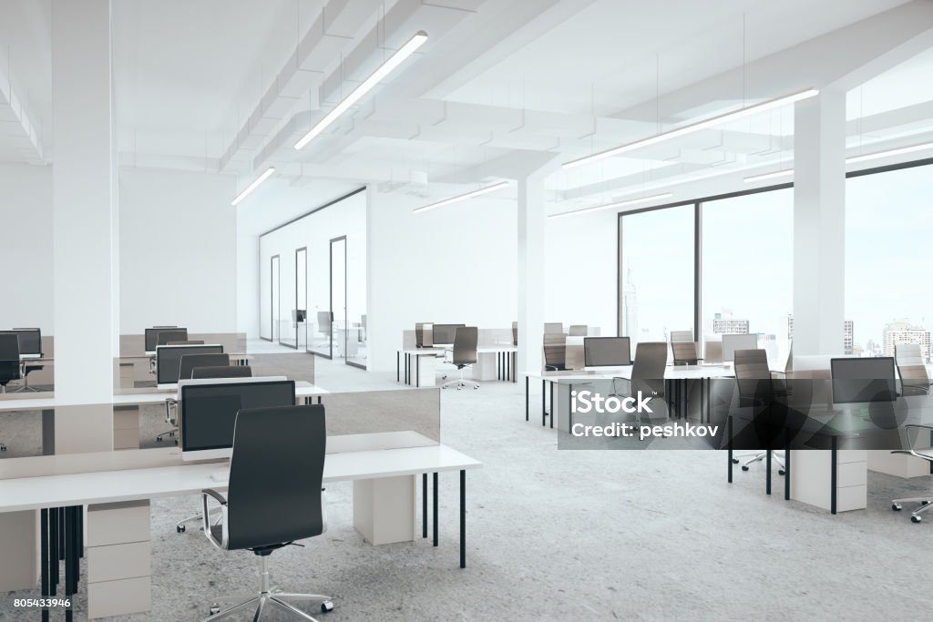 Office room Office room with city view. 3D Rendering Office Stock Photo