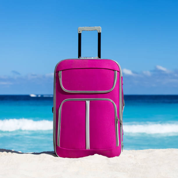 istock Pink suitcase on sandy tropical beach 805436566