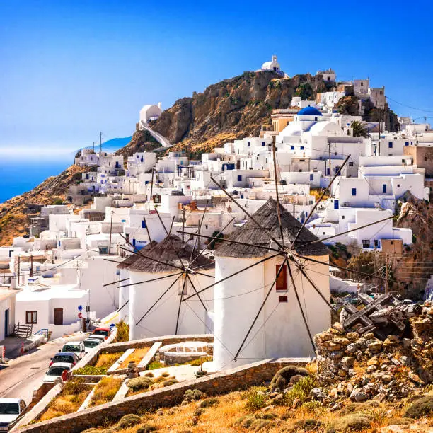 traditional cyclades island landscape with windmills