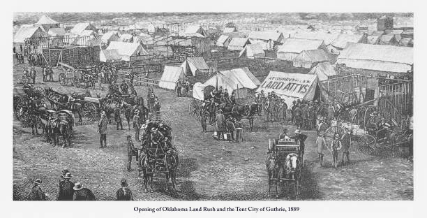 illustrations, cliparts, dessins animés et icônes de ouverture de la ruée vers les terres de l’oklahoma et la cité des tentes de la gravure de guthrie, 1889 - santa fe trail