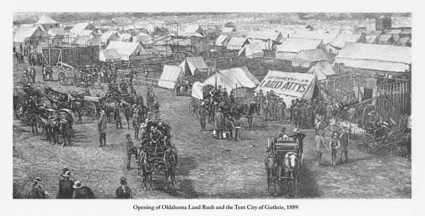 illustrazioni stock, clip art, cartoni animati e icone di tendenza di apertura di oklahoma land rush e della tent city of guthrie engraving, 1889 - santa fe trail