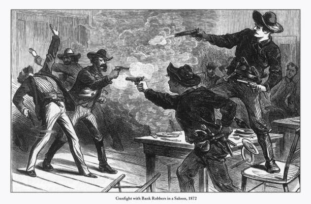 銃撃戦 、銀行 robbers のワイザーサルーン彫り込み、1872 - marshal点のイラスト素材／クリップアート素材／マンガ素材／アイ�コン素材