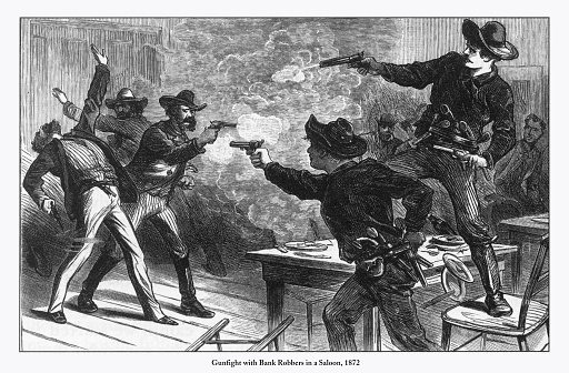 Beautifully Illustrated Antique Engraved Victorian Illustration of US Marshals having a Gunfight in a Saloon Engraving, 1872. Source: Original edition from my own archives. Copyright has expired on this artwork. Digitally restored.