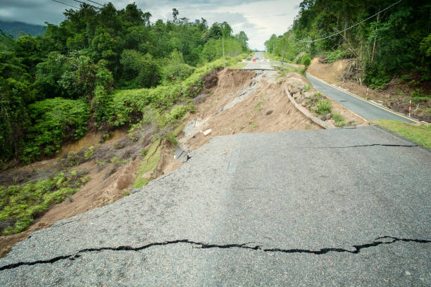 Asphalt Cracked Road Collapsed by Landslide