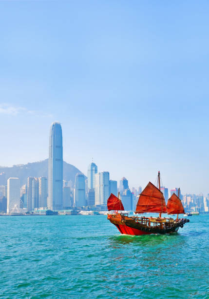 Hong Kong skyline with a red Chinese sailboat on the Victoria Harbor stock photo