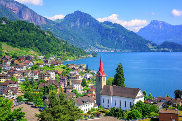 istock Lake Lucerne and Alps mountains by Weggis, Switzerland 805575596