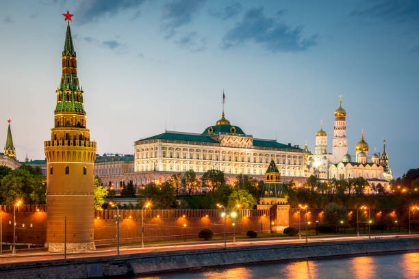 Kremlin in Moscow at Sunset Twilight Russia Beautiful illuminated famous Kremlin in Moscow at Twilight - Night. The official residence of the president of the Russian Federation. Moscow, Russia. red square stock pictures, royalty-free photos & images