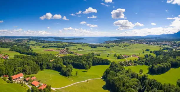 Aerial, panoramic view of famous ake Chiemsee, Bavaria, in summer.Aerial, panoramic view of famous lake Chiemsee, Bavaria, in summer.