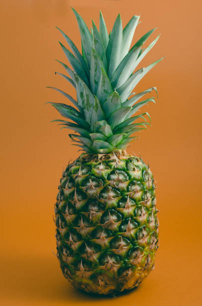 ripe pineapple on orange background stock photo