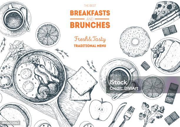 Colazioni E Brunch Cornice Con Vista Dallalto Design Del Menu Del Cibo Illustrazione Vettoriale Di Sketch Disegnata A Mano Vintage - Immagini vettoriali stock e altre immagini di Prima colazione