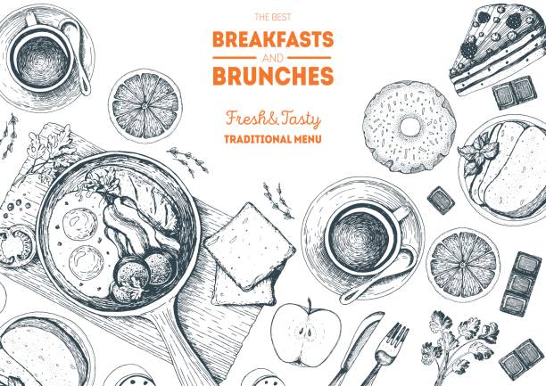 Breakfasts and brunches top view frame. Food menu design. Vintage hand drawn sketch vector illustration. Breakfasts and brunches top view frame. Food menu design. Vintage hand drawn sketch vector illustration. brunch stock illustrations