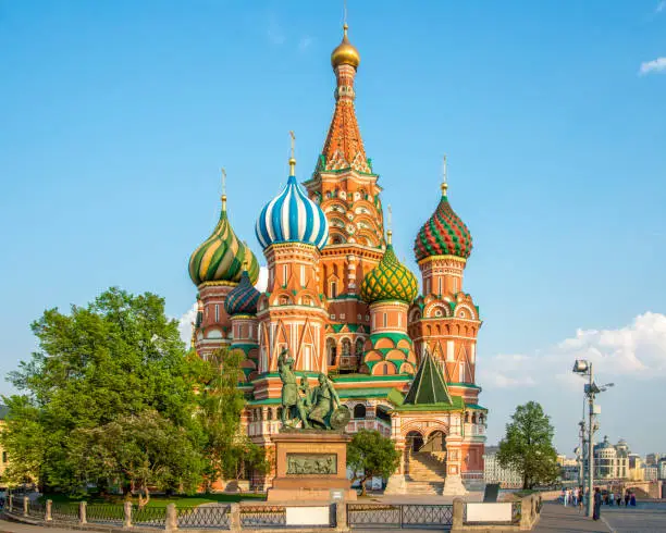 The famous St. Basil Church in Summer, Russian Orthodox Cathedral, the most famous landmark on the Red Square in Moscow, Russia.