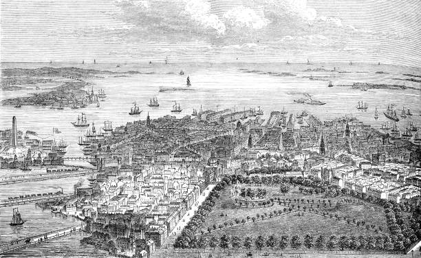 ilustrações, clipart, desenhos animados e ícones de vista aérea cidade de boston eua - old new england boston illustration and painting