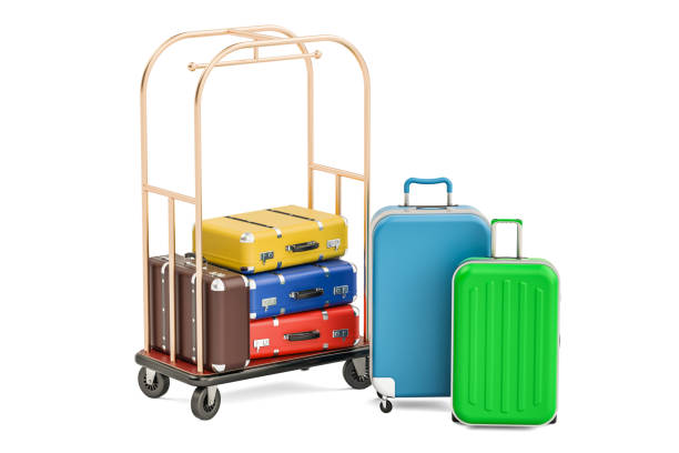 istock Luggage cart or hotel trolley with colored suitcases, 3D rendering isolated on white background 805686014