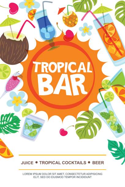 Beach bar vector menu or flyer layout. Sun, palm leaves and cocktails doodle illustration. Beach bar vector menu or flyer layout. Sun, palm leaves and cocktails doodle illustration. Summer design for banner, flyer, invitation. beach bar stock illustrations