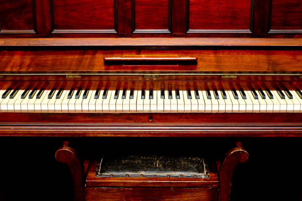istock Antique Piano - front view of piano keys and stool 805726382