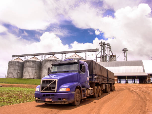 Truck and silo Campo Verde, MT, Brazil, 01/03/2008. Truck loaded with soybeans waits in front of the grain storage center of a farm in Mato Grosso State volvo photos stock pictures, royalty-free photos & images