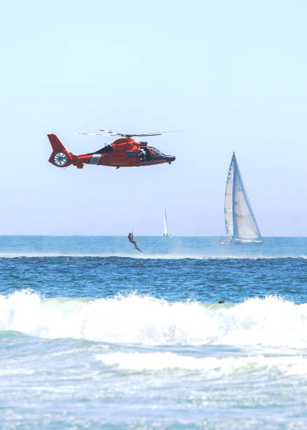 British Coastguard rescue helicopter hovering above __ motion blur on rotor blades