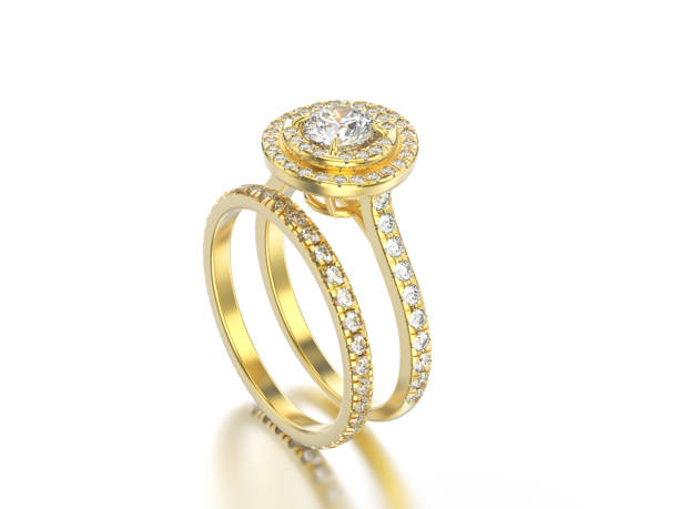 istock 3D illustration yellow gold matching band set rings with diamonds with reflection 805833380