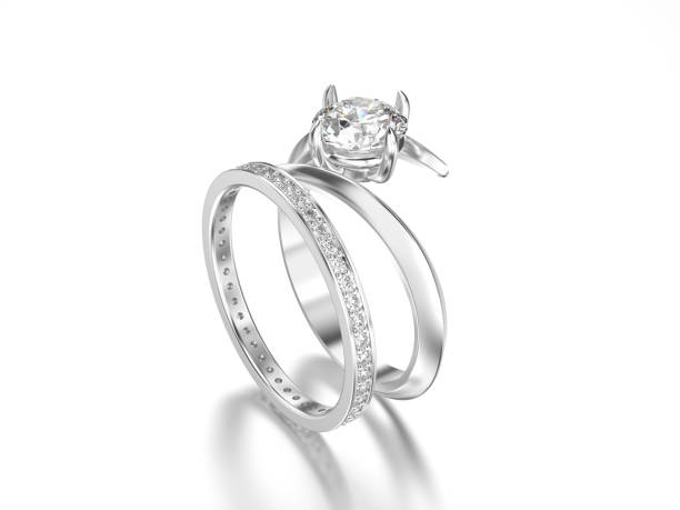 istock 3D illustration white gold or silver matching band set rings with diamonds with reflection 805833482