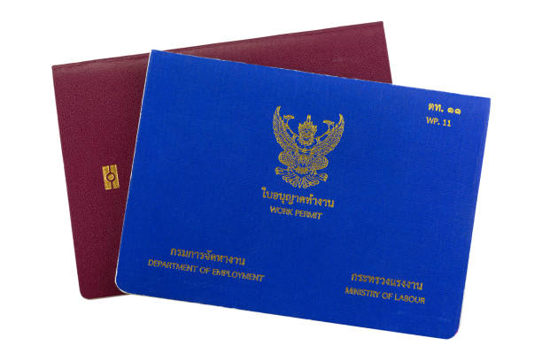 istock Blue Thai Work Permit book on electronic passport isolated on white background 805903394