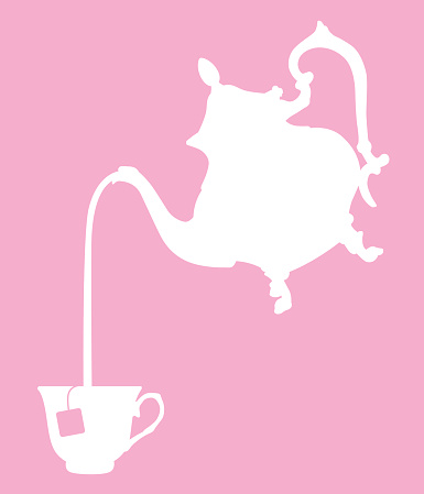 Vector illustration of a white teapot pouring a cup of tea on a pink background.