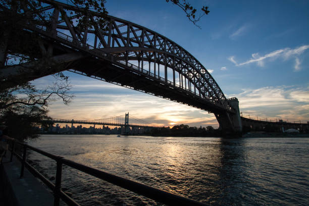 istock Hell Gate Bridge and in silhouette with sunset sky, New York 805976876