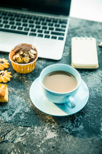 istock Cup of coffee,cake,laptop on table 806065228