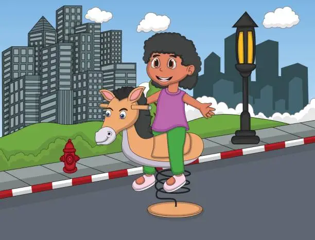Vector illustration of Girl playing rocking horse at the steet