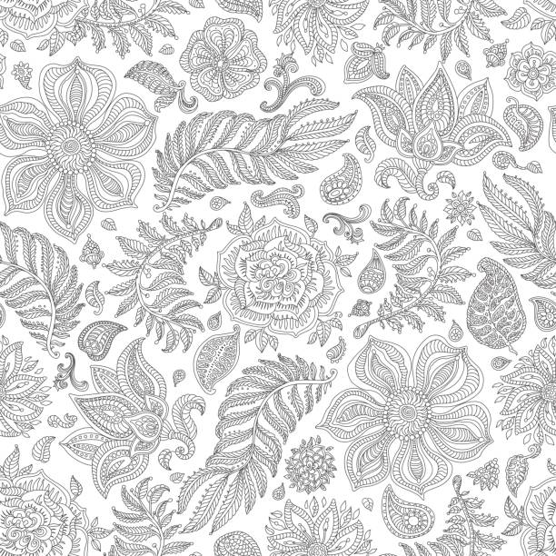 Abstract vector floral seamless pattern. Exotic silver grey Paisley elements, fantasy flower, leaves. Dark thin black contour line foliage on a  white background. Textile bohemian  print. Batik paint. Vintage wallpaper. Coloring book page Abstract vector floral seamless pattern. Exotic silver grey Paisley elements, fantasy flower, leaves. Dark thin black contour line foliage on a  white background. Textile bohemian  print. Batik paint. Vintage wallpaper. Coloring book page paisley pattern stock illustrations